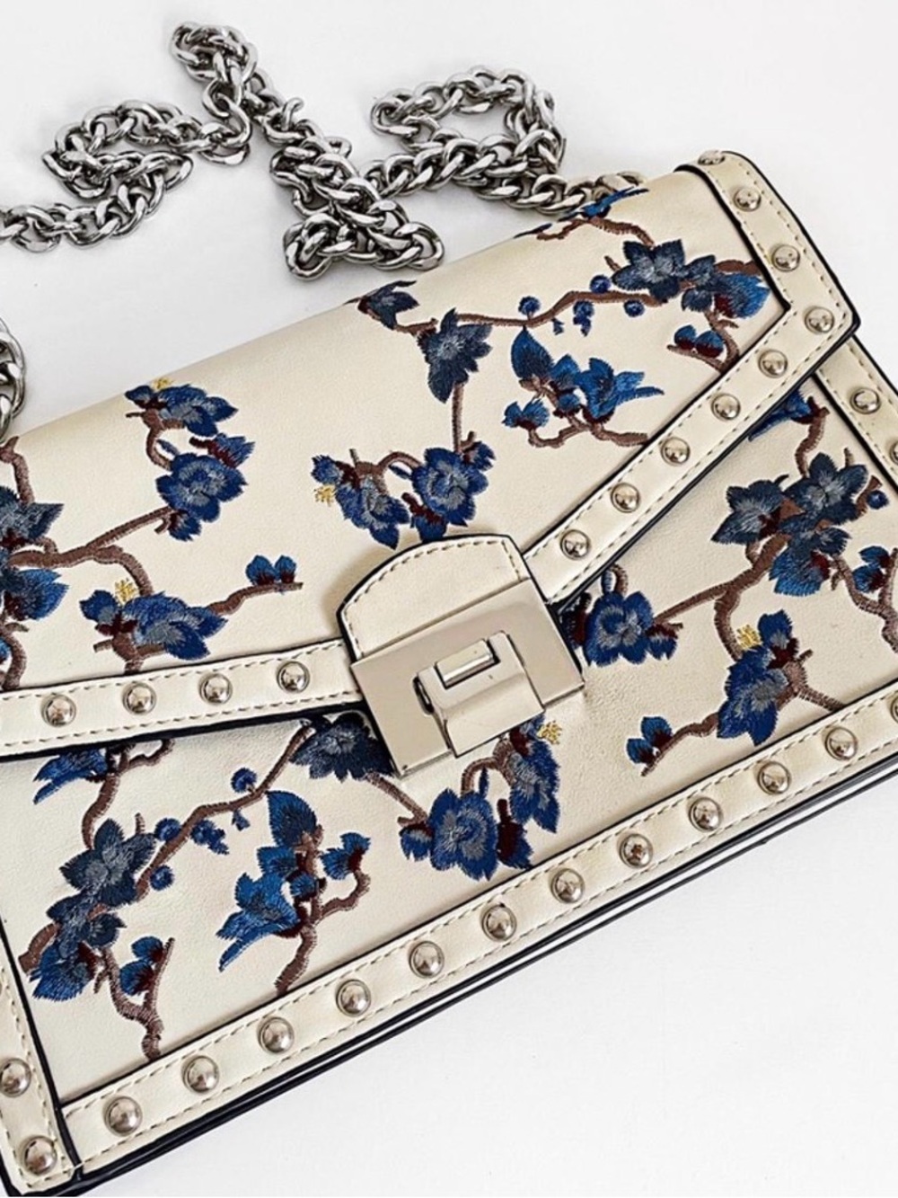Mango Cream Crossbody Bag with Blue Floral Embroidery